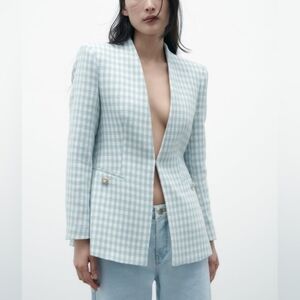 NWT Zara Houndstooth Lapelless Blazer Size L Blue White Jacket